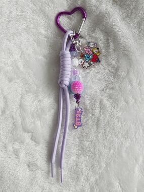 BT21 BTS Lavender Heart Clip Keychain with Bead Charm Kpop Bag Charm